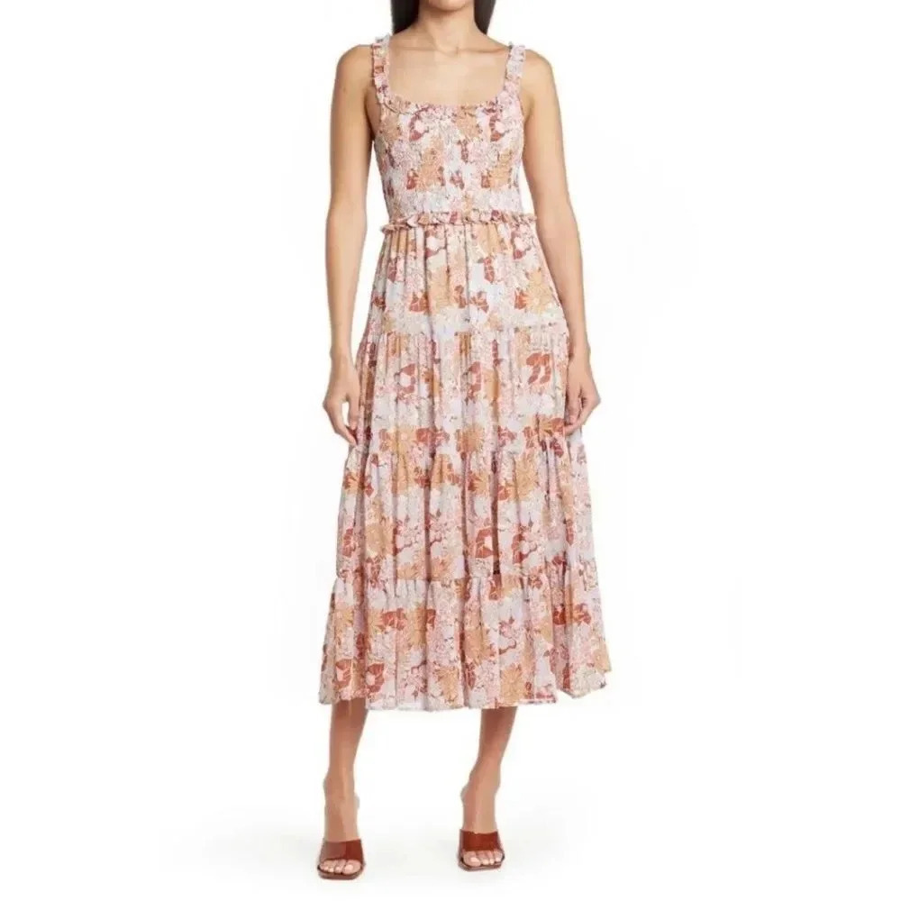ASTR Floral Smocked Tiered Midi dress